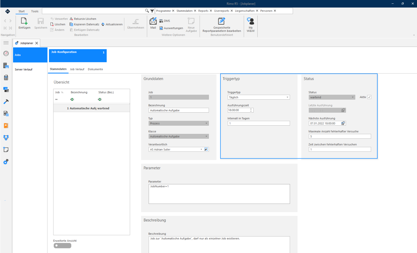 Screenshot: Job-Konfiguration für das automatische Generieren von Aufgaben
