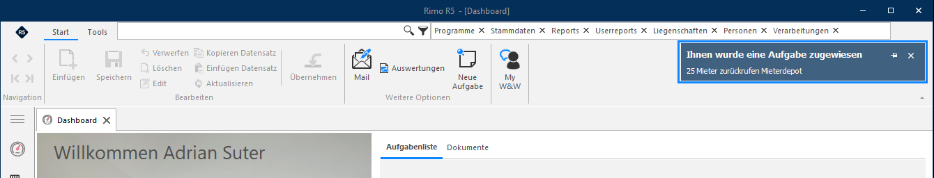 Screenshot: Dashboard mit Aufgabenliste und geöffnetem Hinweis zu einer neuen Aufgabe