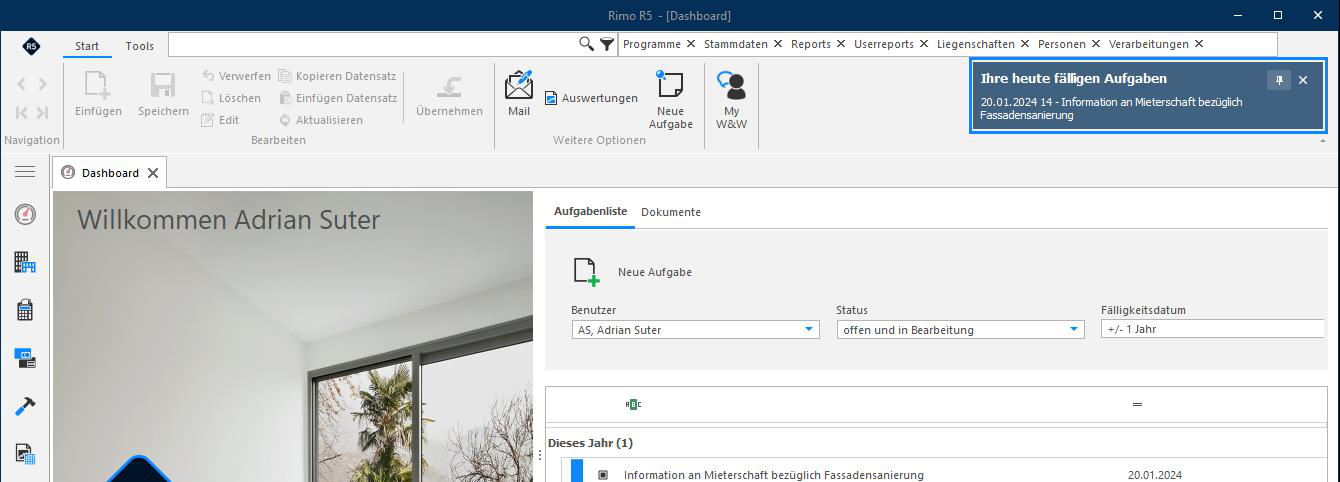 Screenshot: Aufgabenliste auf dem Dashboard mit hervorgehobenen Steuerelementen