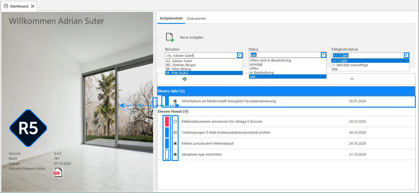 Screenshot: Auswahlliste für den Status von Aufgaben