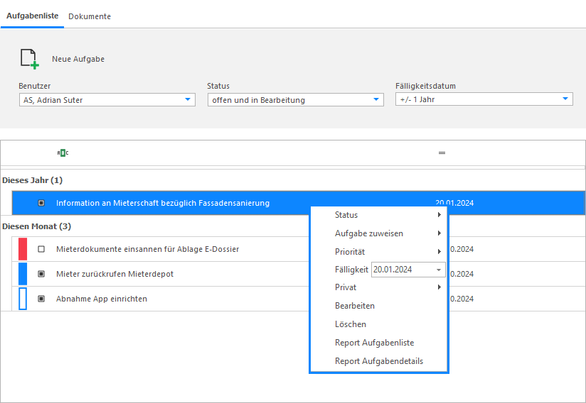 Screenshot: Kontextmenü einer Aufgabe mit Funktionen für Status, Zuweisung, Priorität und Reports