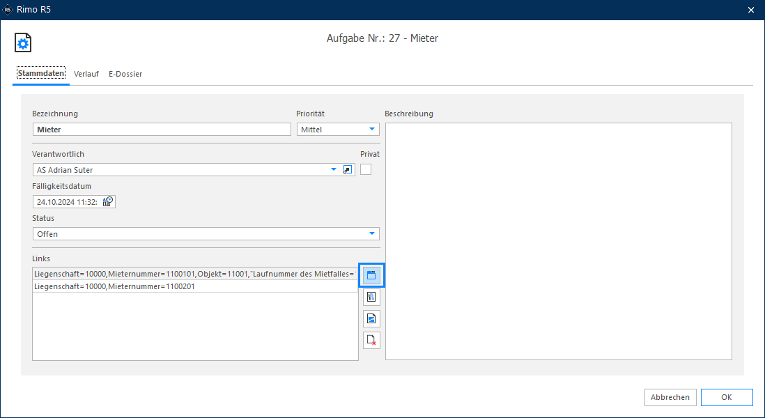Screenshot: Aufgabe mit geöffnetem Dialog zum Hinzufügen einer Entität
