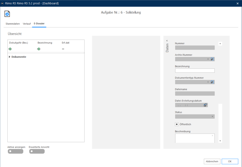 Screenshot: Aufgabenliste auf dem Dashboard mit Filter- und Detailbereich