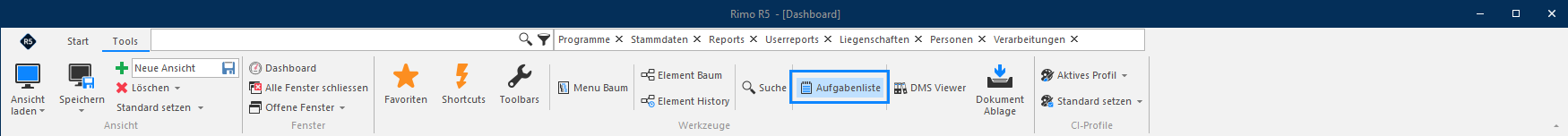 Screenshot: Menüband mit hervorgehobenem Icon «Aufgabenliste»
