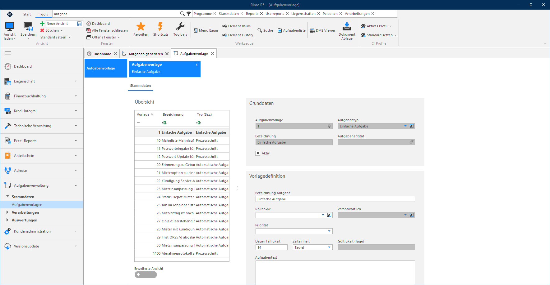 Screenshot: Verwaltung der Aufgabenvorlagen im Bereich Aufgabenverwaltung