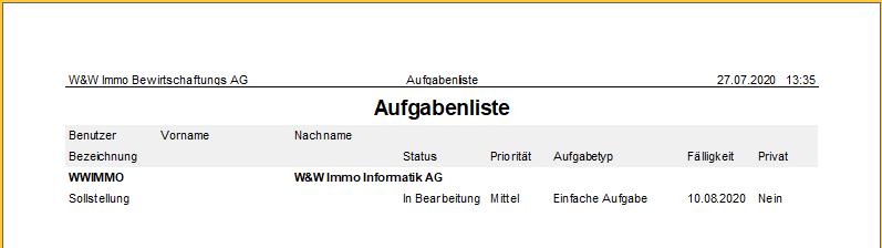 Screenshot: Report Aufgabenliste mit Aufgaben einer Person oder eines Teams