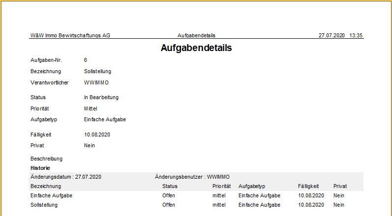 Screenshot: Report Aufgabendetails mit den Details einer einzelnen Aufgabe