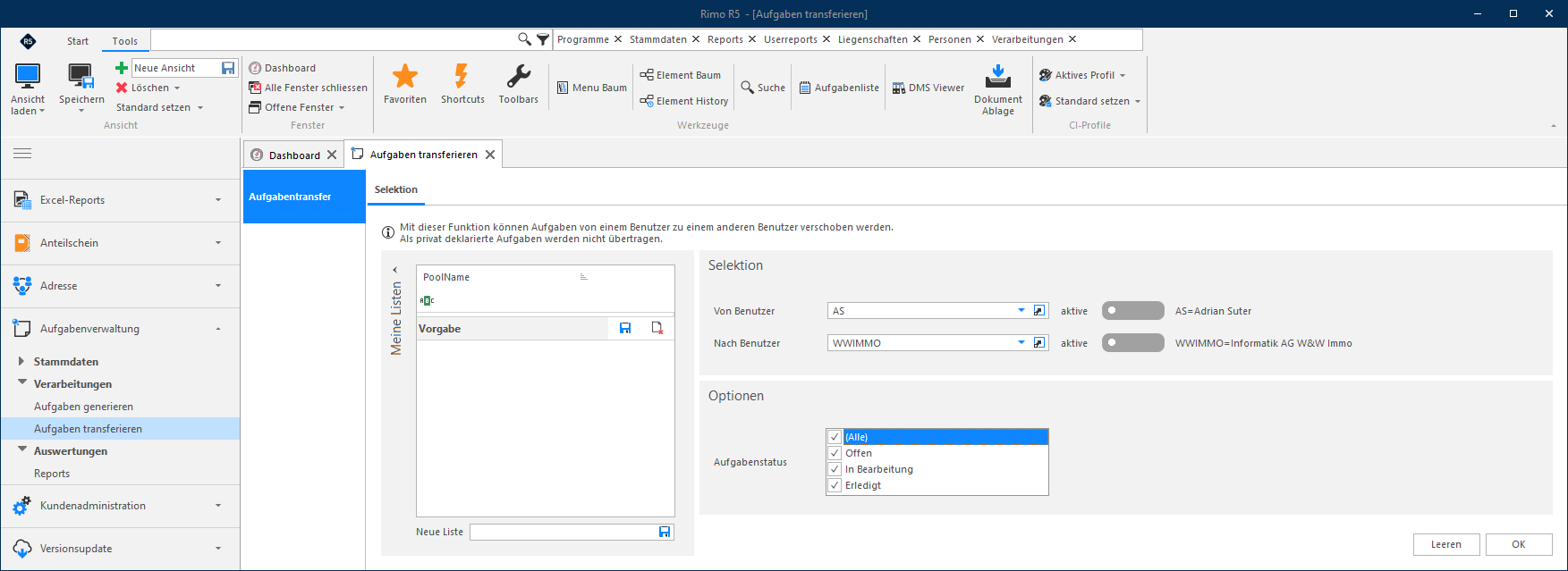 Screenshot: Funktion Aufgabentransfer mit Auswahl von Benutzer, Aufgabenstatus und Zielbenutzer