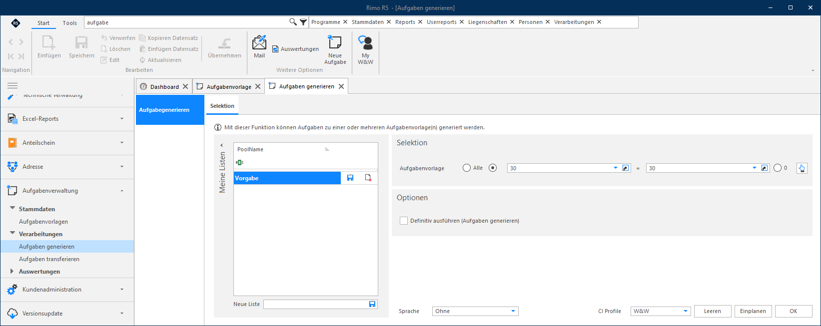 Screenshot: Selektionsmaske Aufgaben generieren mit Vorlagen und Optionen