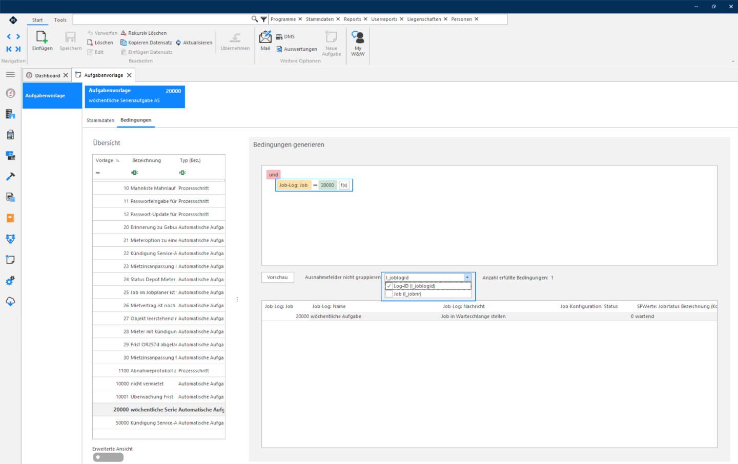 Screenshot: Bedingungsregister mit Job-Log-Bedingung und Ausnahmefeld Log-ID