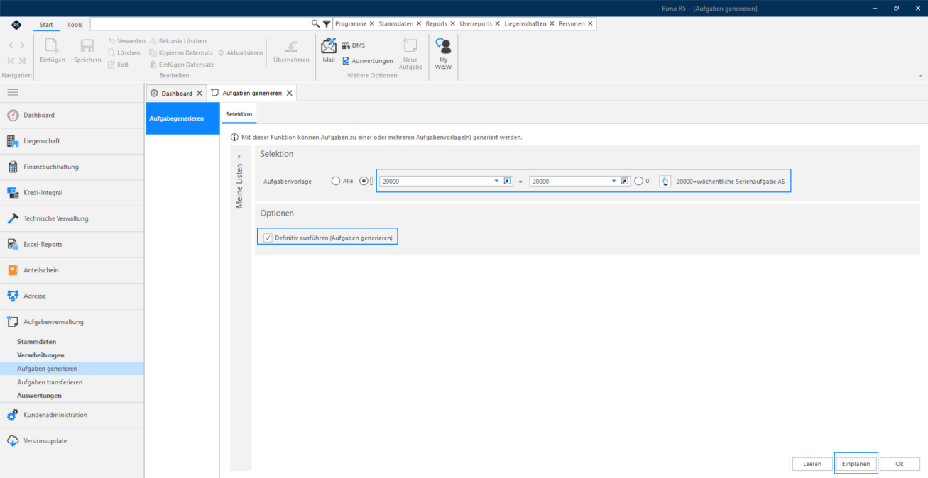 Screenshot: Selektionsmaske Aufgaben generieren mit markierter Option Einplanen