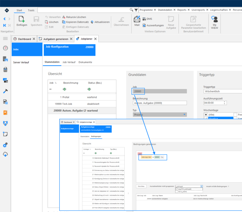Screenshot: Zusammenhang zwischen Jobnummer in der Job-Konfiguration und Bedingung der Aufgabenvorlage