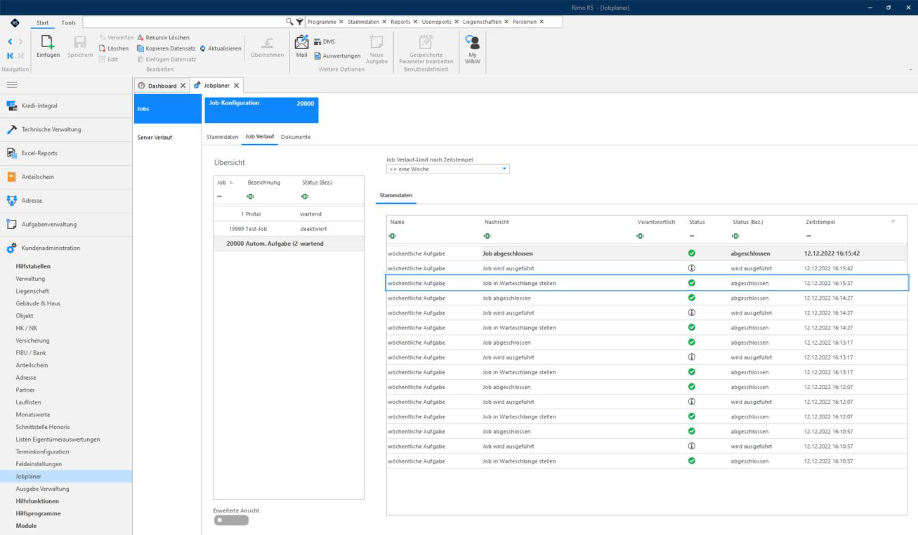 Screenshot: Job-Log mit ausgeführten Jobs und ihren Log-Einträgen