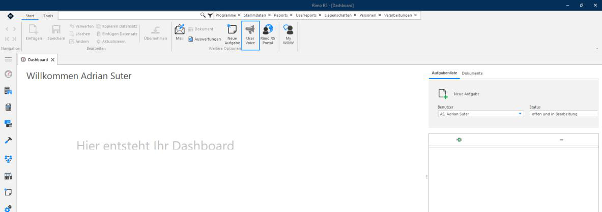 Screenshot: Dashboard mit Button für das User Voice-Portal