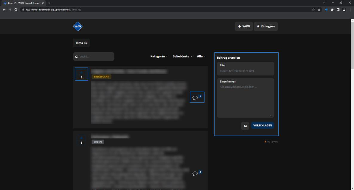 Screenshot: User Voice-Portal mit Vorschlägen und Statusanzeige