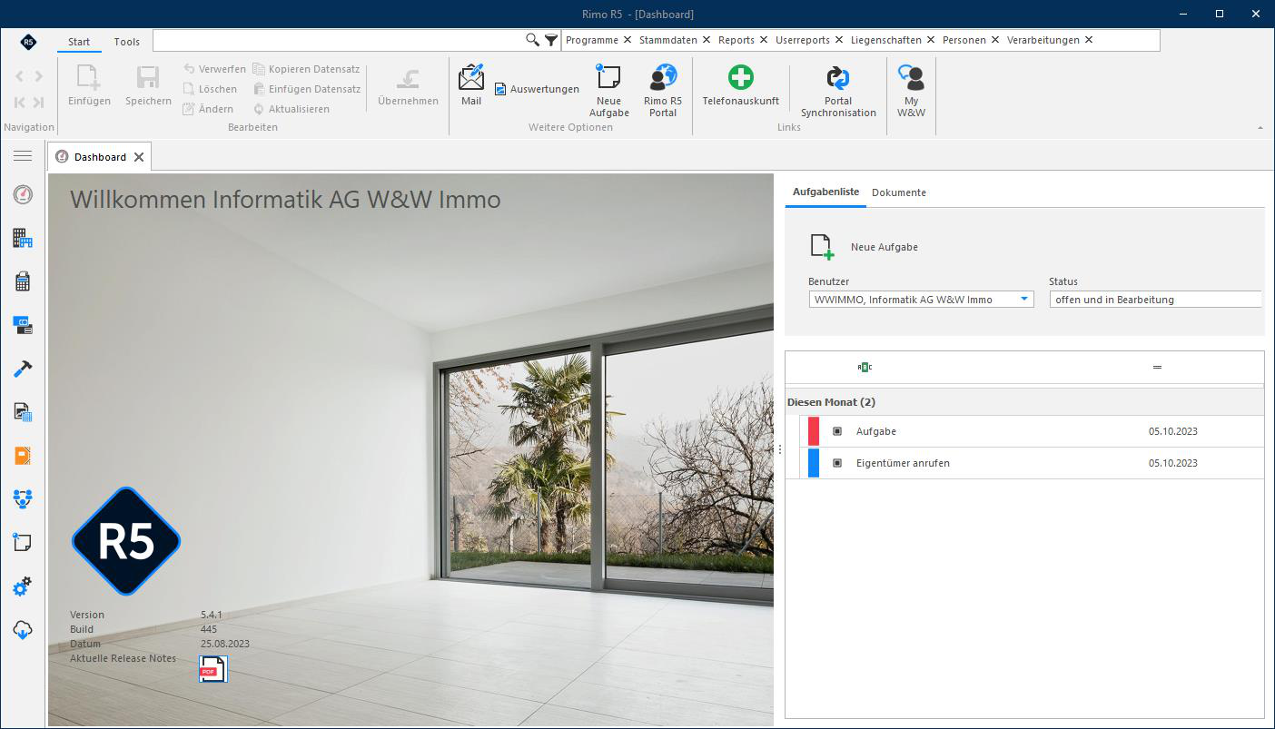 Screenshot: Zentrales Dashboard mit Programminformationen, Aufgabenliste und Release Notes