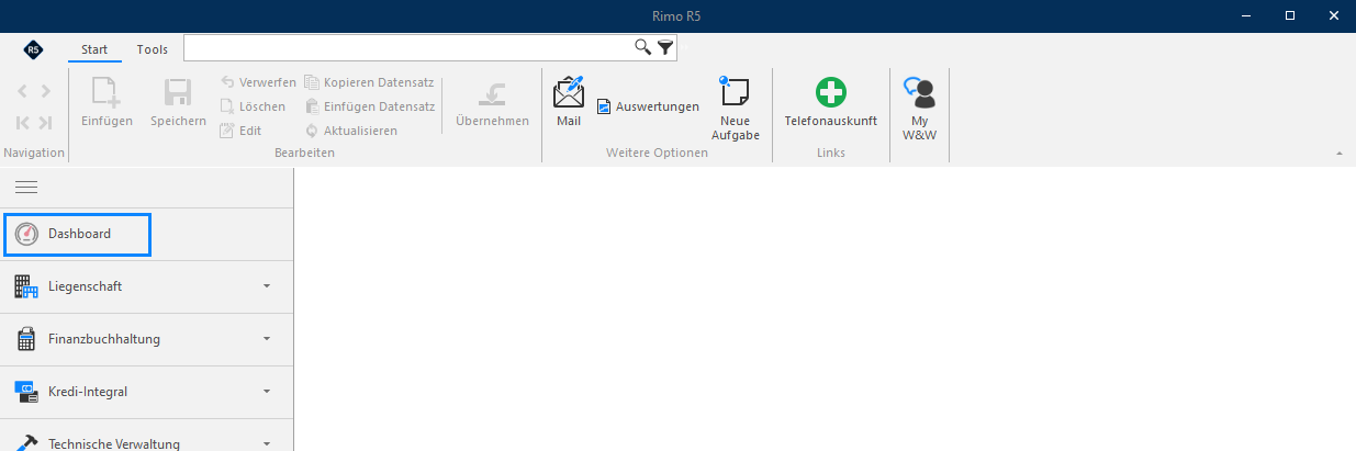 Screenshot: Hamburgermenü mit dem Menüpunkt Dashboard