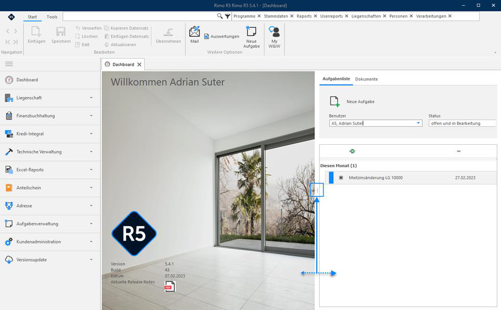 Screenshot: Dashboard mit verschobener Aufgabenliste