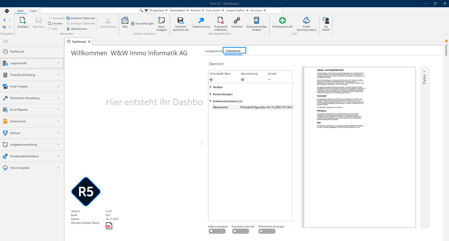 Screenshot: Dokumentenordner auf dem Dashboard für eigene Dokumente