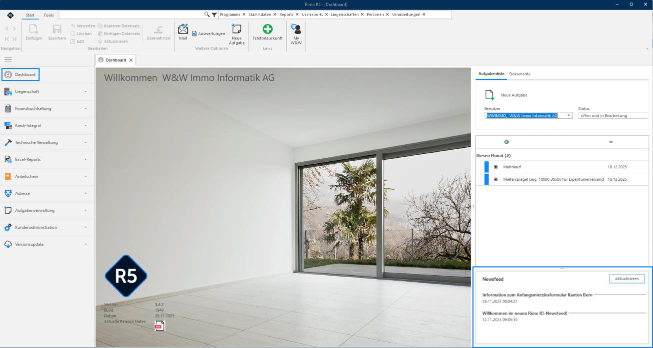 Screenshot: Newsfeed auf dem zentralen Dashboard