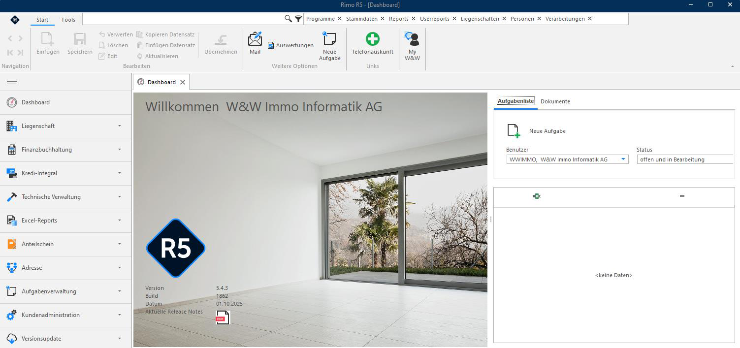 Screenshot: Dashboard mit Hinweis auf ein installiertes Update und Release Notes
