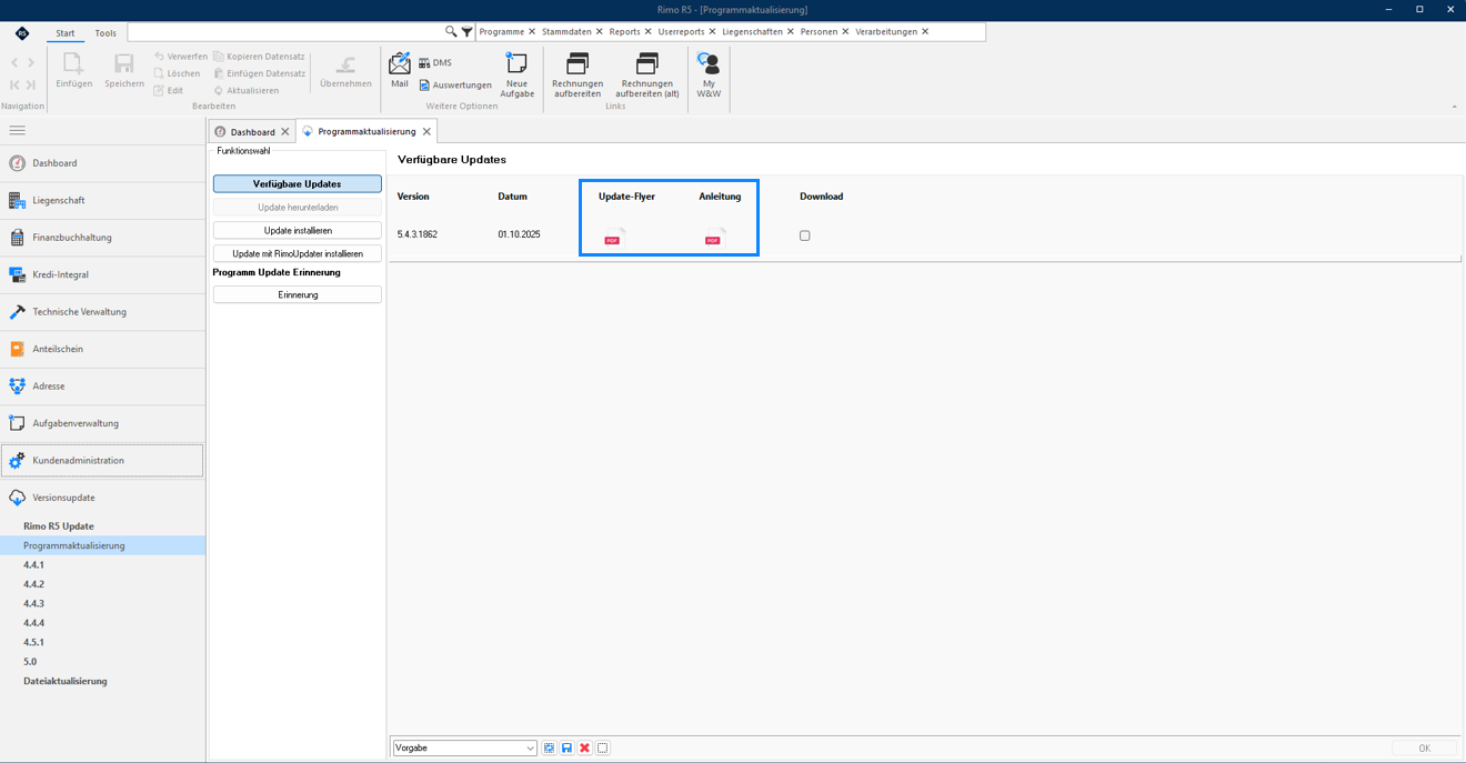Screenshot: Programmaktualisierung mit Register Verfügbare Updates