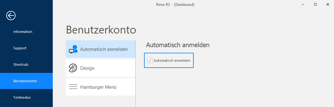 Screenshot: Benutzerkonto mit Einstellung Automatisch anmelden