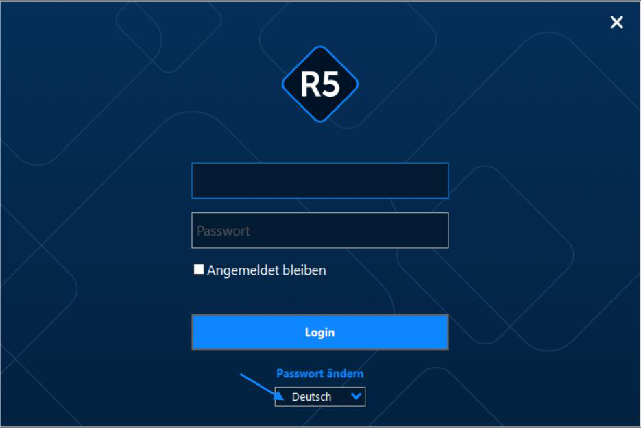 Screenshot: Anmeldemaske mit Auswahl der Sprache für die Benutzeroberfläche