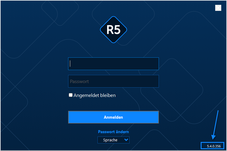 Screenshot: Anmeldemaske mit Anzeige der installierten Rimo-Version unten rechts