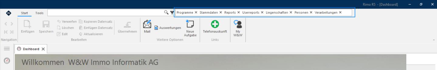 Screenshot: Volltextsuche oberhalb des Menübandes mit Suchfeld und Filter