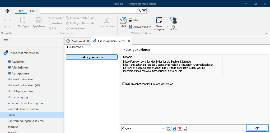Screenshot: Hilfsprogramm Suche zum erneuten Generieren des Suchindex
