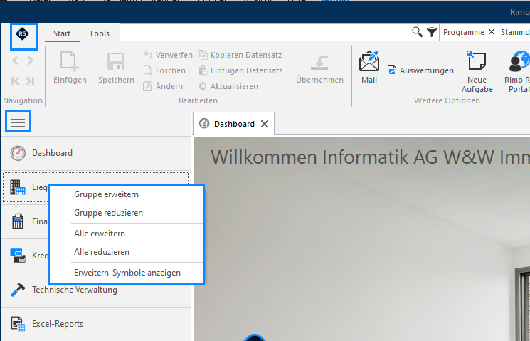 Screenshot: Ausgeklapptes Hamburgermenü mit den Menüpunkten eines Moduls