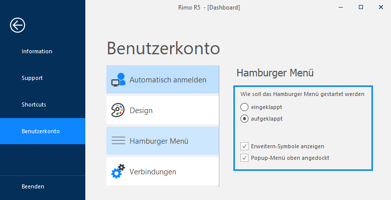 Screenshot: Benutzerkonto mit Einstellungen für das Hamburgermenü