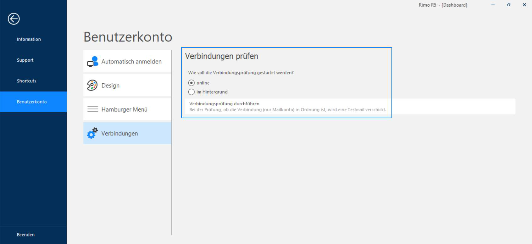 Screenshot: Benutzerkonto mit Auswahl der E-Mail-Verbindung und Verbindungsprüfung