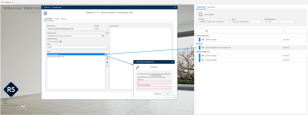 Screenshot: Aufgabe auf dem Dashboard zum Aktualisieren des E-Mail-Passworts