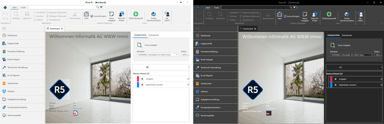 Screenshot: Rimo R5 im hellen und dunklen Design der Benutzeroberfläche