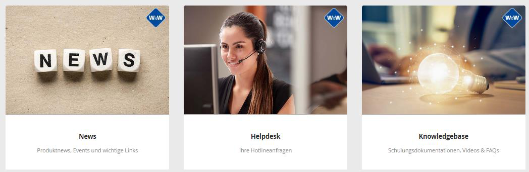 Screenshot: Startseite des Kundenportals My W&W mit News, Helpdesk und Knowledgebase