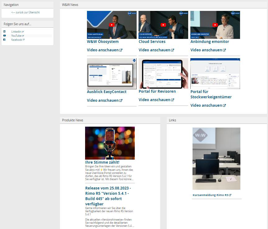 Screenshot: Newsbereich des My-W&W-Portals mit Produktnews und Links