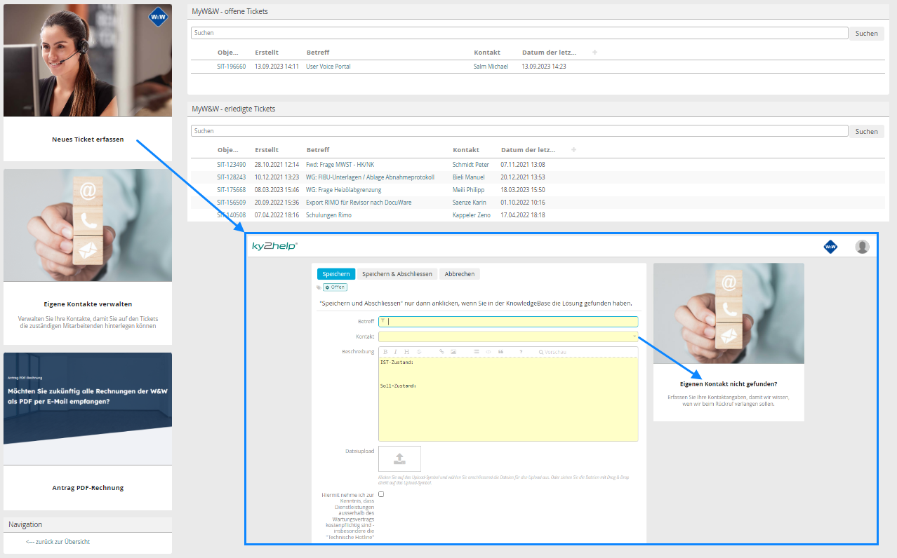 Screenshot: Helpdesk mit Ticket-Übersicht und Formular für ein neues Ticket