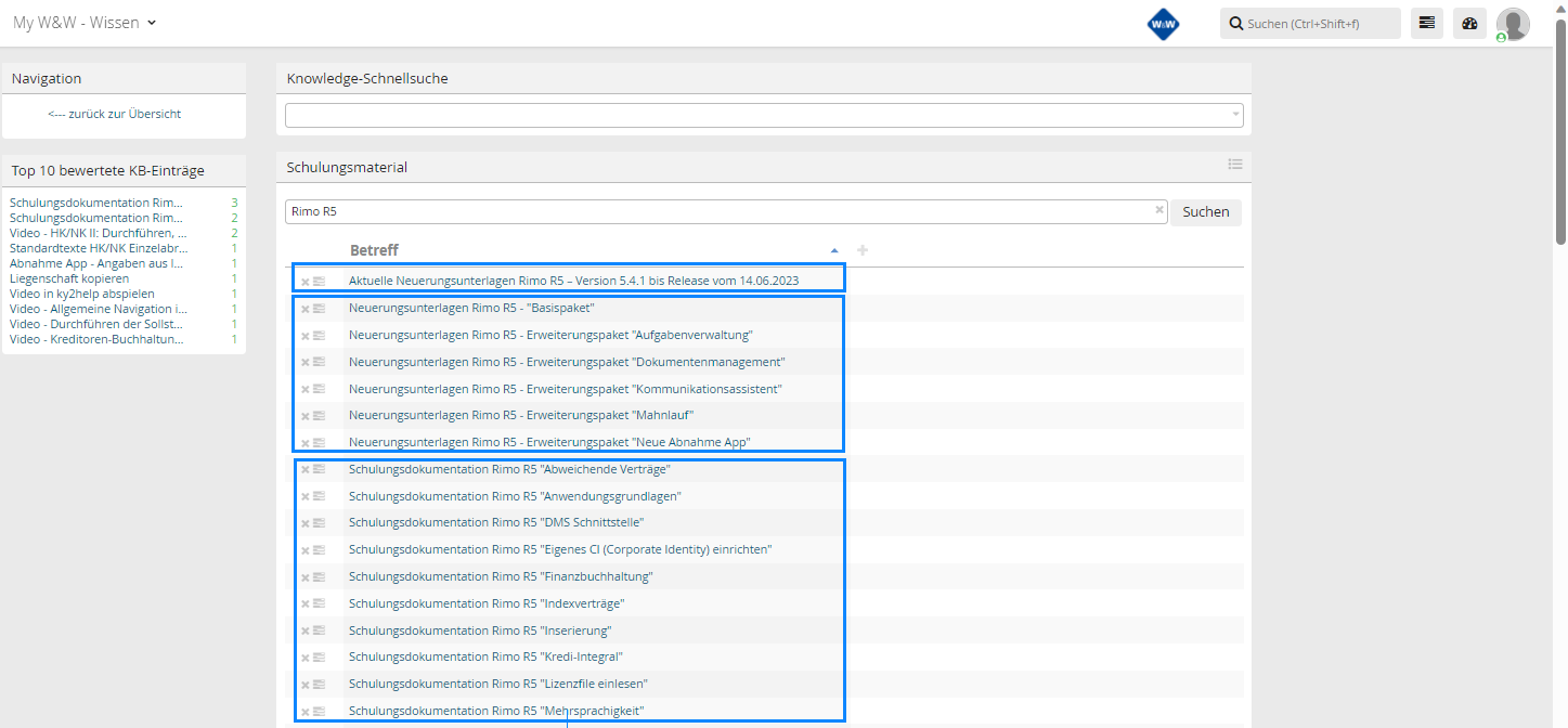 Screenshot: Knowledge-Schnellsuche mit Treffern im Schulungsmaterial
