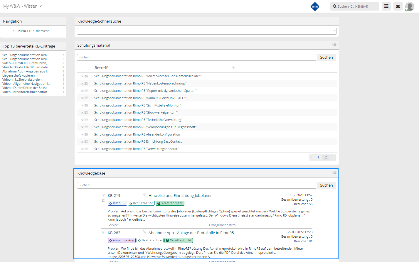 Screenshot: Knowledgebase mit Suchfeld und veröffentlichten Wissenseinträgen