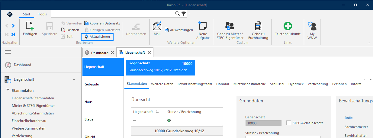 Screenshot: Kundenspezifische freie Felder in den Liegenschaft-Stammdaten