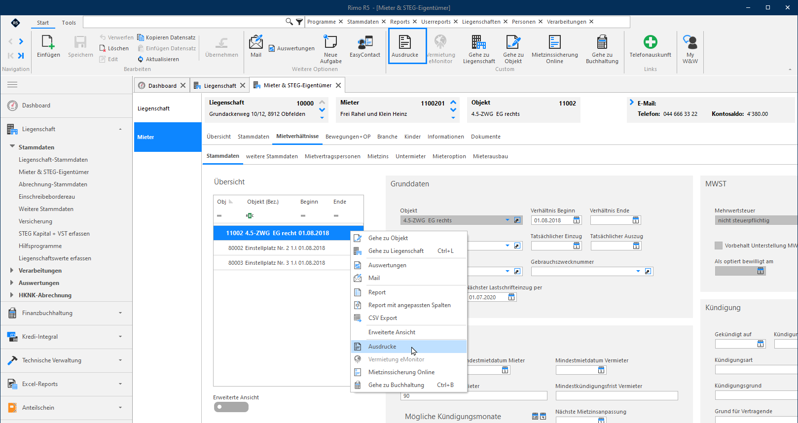 Screenshot: Kontextabhängige Funktionen in Mieter- und Mietverhältnis-Stammdaten