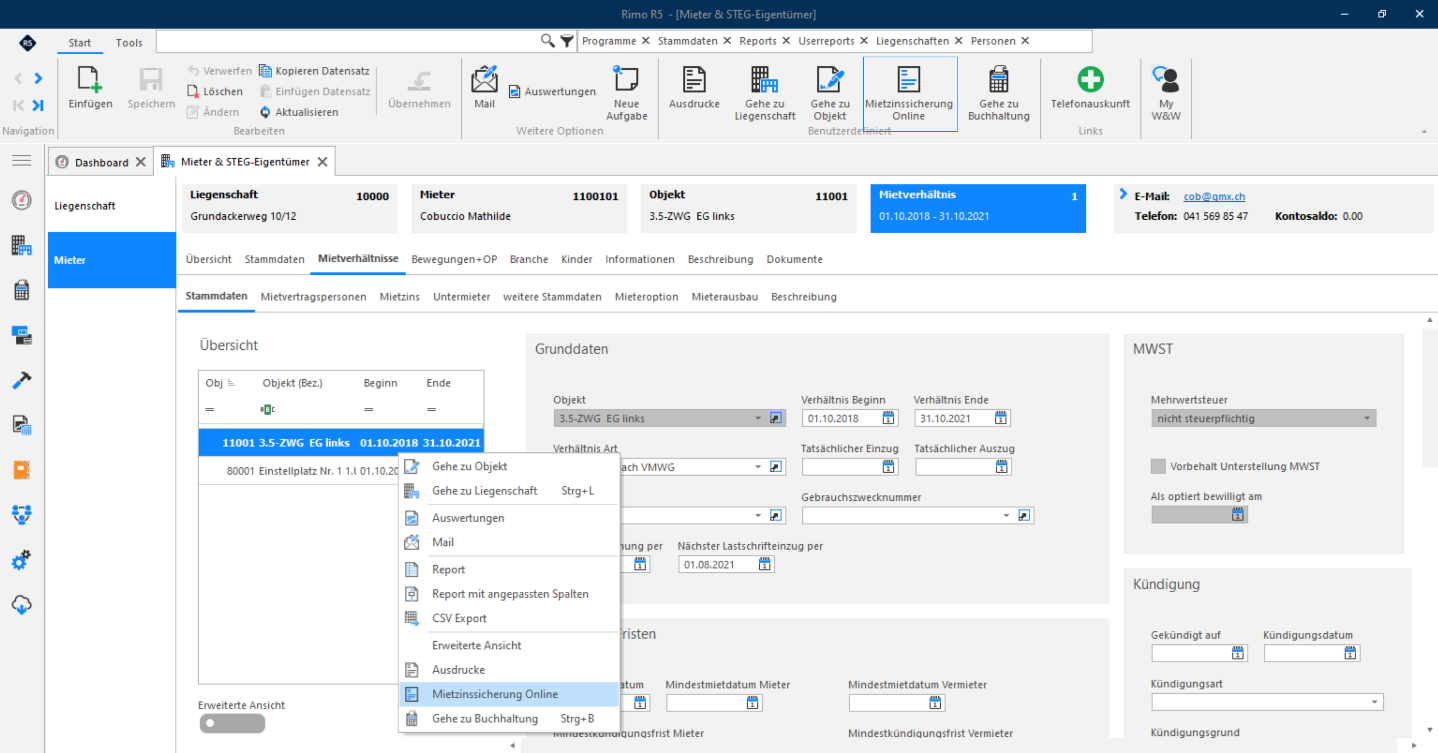 Screenshot: Kontextabhängige Funktionen in Mieter- und Mietverhältnis-Stammdaten