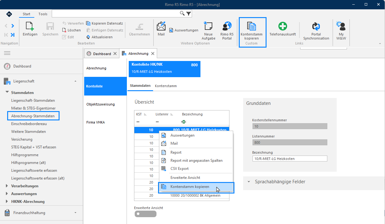 Screenshot: Kontextabhängige Funktionen in Abrechnungs-Stammdaten und im Adressmodul