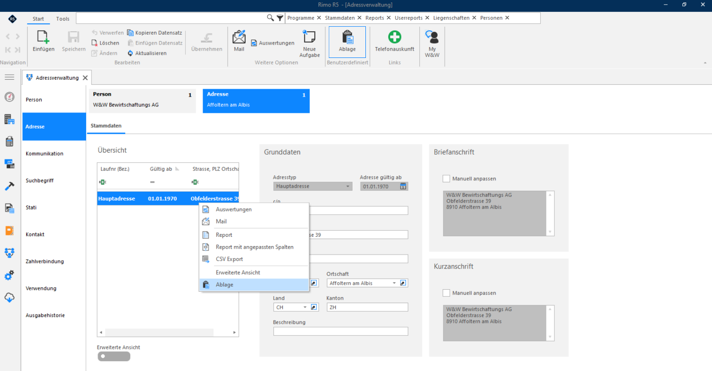 Screenshot: Kontextabhängige Funktionen in Abrechnungs-Stammdaten und im Adressmodul
