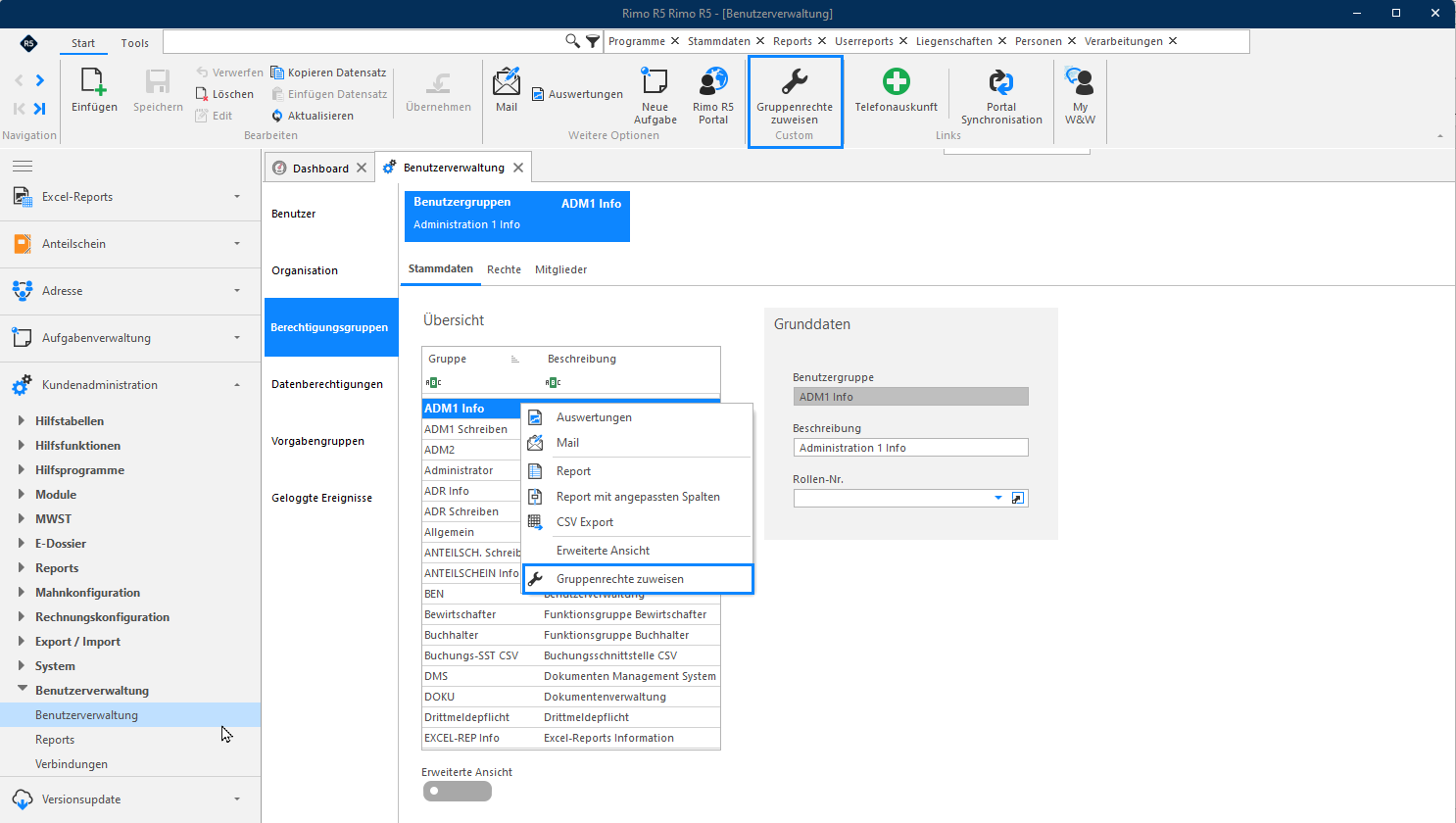 Screenshot: Kontextabhängige Funktionen in Berechtigungsgruppen
