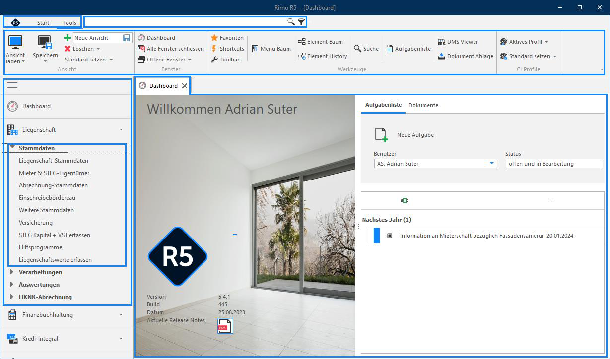 Screenshot: Navigationsebenen mit Registerkarten, Menüband, Hamburger-Menü, Dashboard und Suche