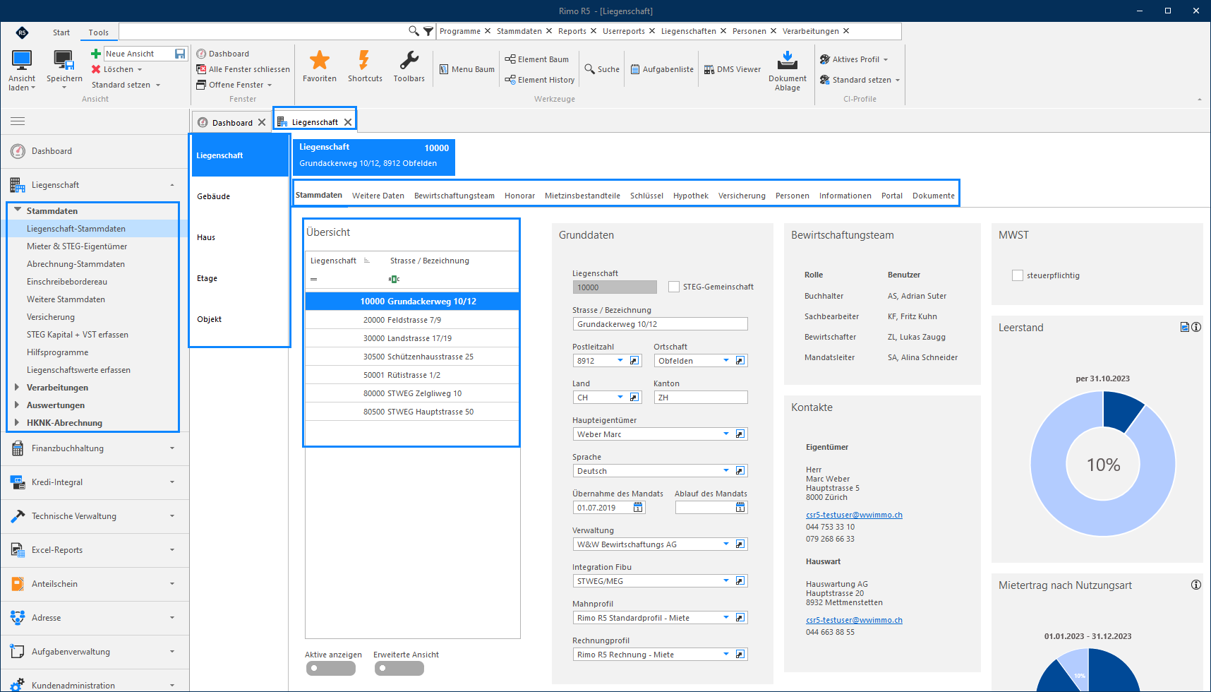 Screenshot: Geöffnete Register und Unterregister eines Moduls