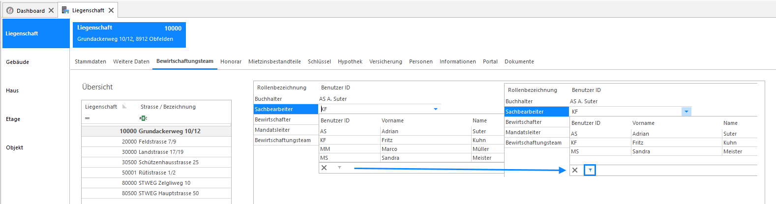 Screenshot: Kippschalter und Kontextmenü für aktive Datensätze